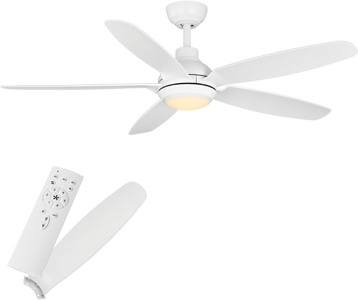 kathy ireland HOME 52" Yonas Ceiling Fans with Lights & Remote, Coastal Rated Indoor/Outdoor, Energy-Efficient 6-Speed DC Motor, Dimmable LED, Modern Design, Matte White KICF58316