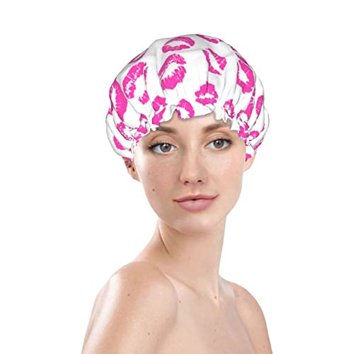 Pink Lips Kiss Prints Shower Caps For Women Reusable Waterproof Women Shower Caps Reusable Peva Lining Hair Cap For Shower Double Protection Layers Elastic #TOP2