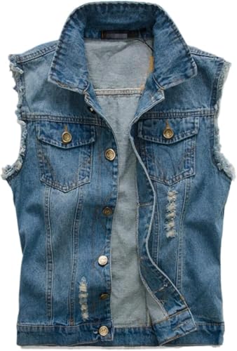 Men's Korean Slim Fit Denim Vest Sleeveless Motorcycle Vests Waistcoat Ripped Splicing Casual Jean Jacket