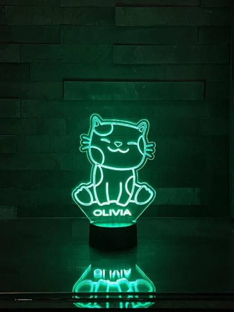MIRROR MANIA The Cutest Charming Cuddly Kitty Cat Night Light Up Desk Table Lamp LED Custom Engraved Name - It's Wow, 16 Color Options Kids, Boys, Girls Bedroom Room Decor Gift | Personalized Free image 3
