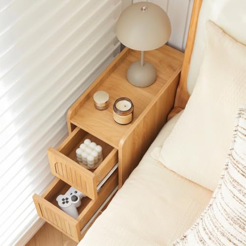 Image of Narrow Nightstand Set of 2, Wooden Small 2 Drawer Nightstand, Slim Side End Table, Skinny Bedside Table, Mid Century Modern Night Stand with Drawers for Bedroom (Yellowish Natural)
