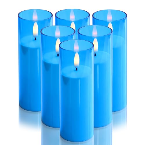 Image of CANDLE CHOICE Indoor Outdoor Flameless Candles with Timer Waterproof Realistic Flickering Battery Operated Pillar LED Lights with Acrylic Shell Wedding Party Christmas Decorations 6 Pack 2 inchx6 inch Blue