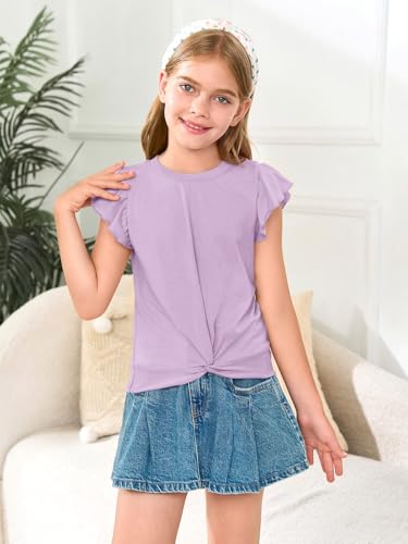 Image of Haloumoning Girls Ruffle Sleeve T Shirts Summer Crewneck Shirt 5-14 Years