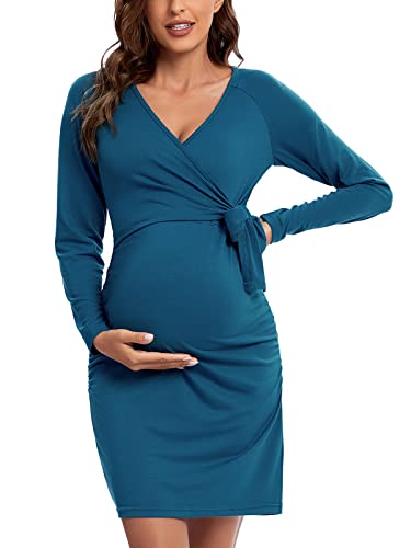 Image of Ecavus Maternity Dress Cross V-Neck Wrap Dress Long Sleeve Tie Nursing Bodycon Dress