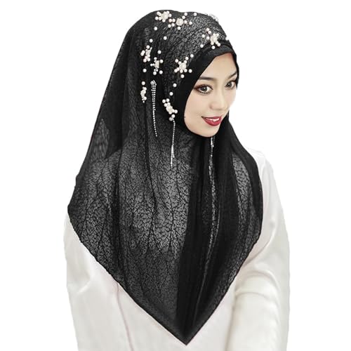 Women Pearl Tassel Hijab Islamic Malay Muslim Hijab Polyester Solid Color Headscarf One-piece Muslim Arab Head Scarf2