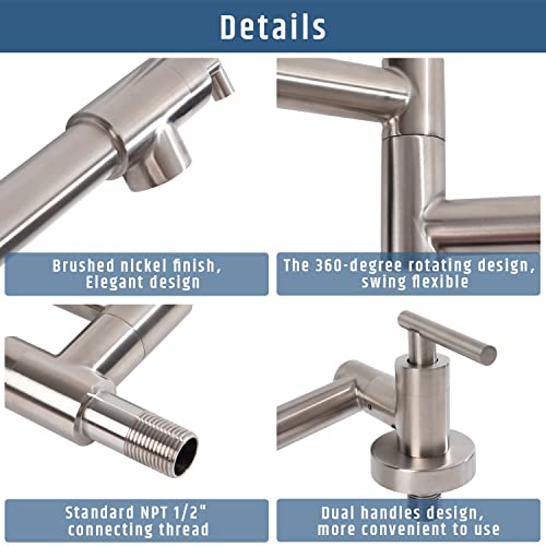 Blovtoo 20'' Pot Filler Faucet, Brushed Nickel Pot Filler Faucet Over Stove, Wall Mount Folding Water Faucet Over Stove, 304 Stainless Steel Double Joint Swing Arm With Single Hole, 2 Handles #TOP2