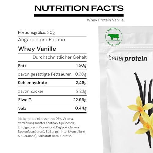Whey Protein - Vanille 1 kg - Produziert in Deutschland aus regionaler Milch - BetterProtein® - Eiweißpulver zum Muskelaufbau und Abnehmen - Beutel