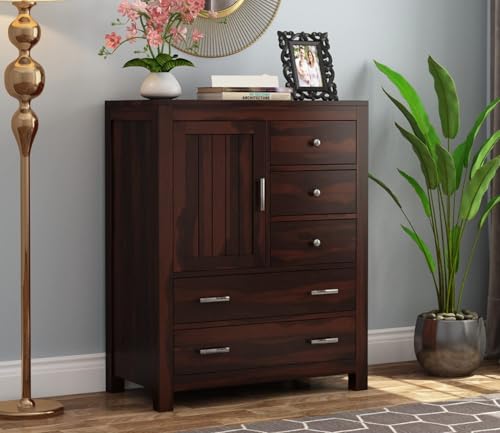 Image of Solid Sheesham Wood 5 Drawer Chest of Drawers with 2 Shelf Storage and Spacious Dresser for Hall Home Office Furniture, Kitchen Cabinet, Stylish Wooden Drawers (Henry)
