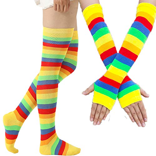 Image of YELAIVP Over Knee Rainbow Thigh High Socks Gloves Set Cosplay Accessories Arm Leg Warmers for Girls