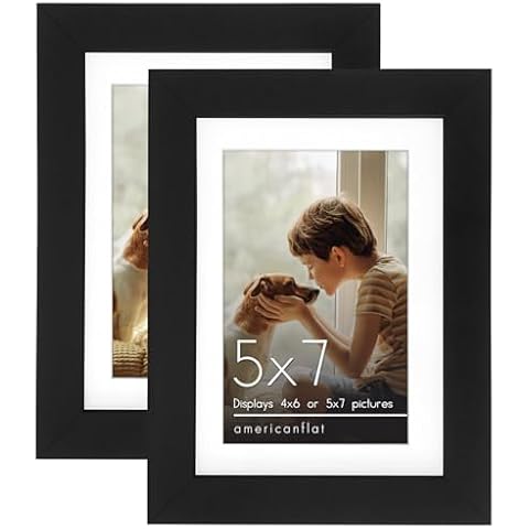Americanflat 5x7 Picture Frame with Shatter-Resistant Glass - Set of 2 - Use as 4x6 Frame with Mat or 5x7 Frame Without Mat - Signature Collection - Frames for Tabletop and Wall Display - Black Cover