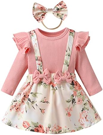 Baby Girl Clothes Dress Long Ruffle Sleeve Outfits Floral Suspender Skirt