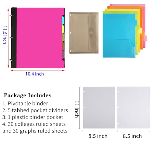 Image of 2 Pcs Pivotable Refillable Notebook, 3 Ring Binder Notebooks 1 Inch, Notebook with Dividers and Pockets, Folder Notebook, Flexible Binder, Soft Binders 3 Ring, Foldable Binder- Pink