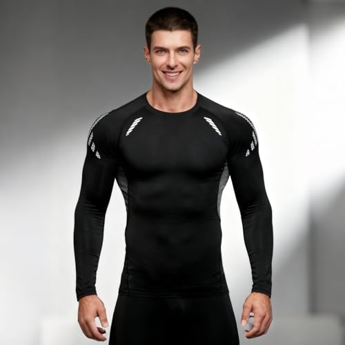 Maglietta a compressione da uomo, a maniche lunghe, ad asciugatura rapida, sport, allenamento atletico, baselayer, canottiera, magliette, top, Grigio e Nero 1, M