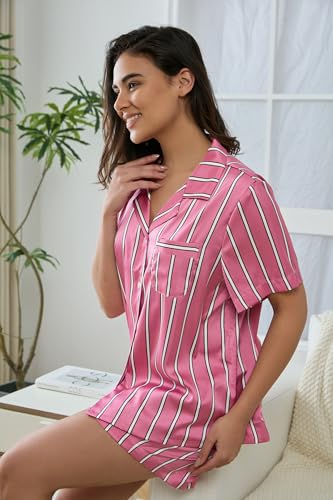 Image of YiNi LuLu Womens Silk Satin Shorts Pajamas Set Button Down 2 Piece Pjs Short Sleeve Oversized Sleepwear with Pockets