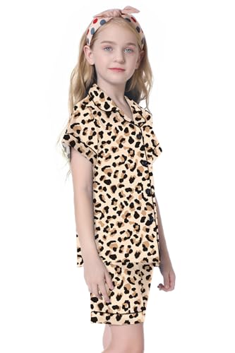 Image of Umeyda Women & Girls Pajamas Set, Soft Satin Lightweight Silk Button-Down Top with Shorts 2 Piece PJS for Mom Boys Kids Gifts