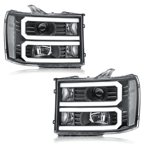 Fullux LED DRL Headlights for 2007-2013 GMC Sierra 1500 2500HD 3500HD No Classic Front Lights 2PC Replacements Front Left Right Side Headlamp Black Housing Clear Reflector 07-14
