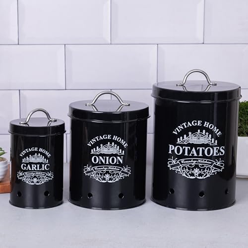 Image of Metallure Home Round Classic Kitchen Storage Containers | Set of 3 Metal Jars With Lid | Potato, Onion & Garlic (Food Safe) (Black)