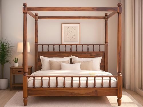 Image of Solid Sheesham Wood Poster Bed | Queen Size Canopy Bed Frame Without Storage | Honey Finish Solid Wooden Double Bed for Bedroom