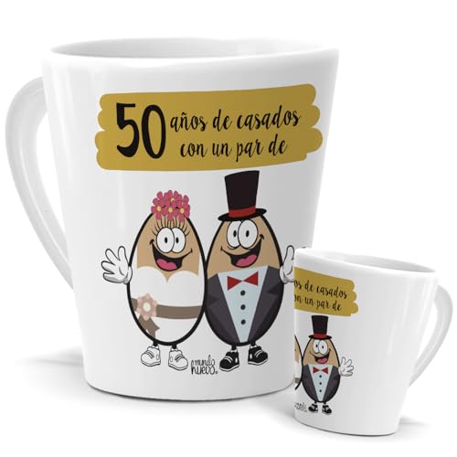Imagen de mundohuevo Taza 50 Casados Taza 50 Años de Casados con un Par de Huevos Regalo Divertido Aniversario Taza Cónica 350 ML Diseño Elegante Bodas de Oro Idea de Regalo Taza de Café y Té