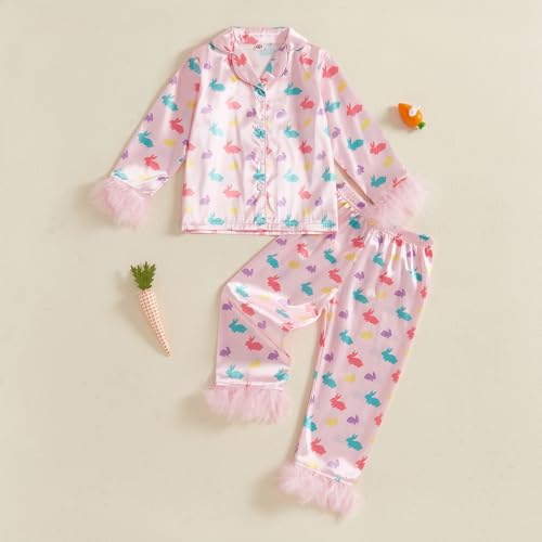 Multitrust Baby Girl Easter Day Silk Pajamas Set Bunny Carrot Button Down Feather Trim Sleeve Shirts Pants 2PCS Satin Pj Sets2