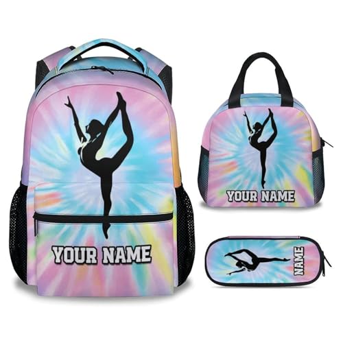 Custom Girls Gymnastics Backpack with Lunch Box - 3PCS Gymnastics School Backpacks Matching Combo for Kids - Bookbag and Pencil Case Bundle