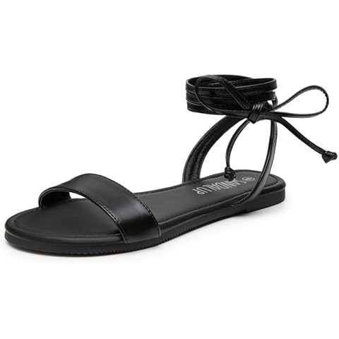 SANDALUP Pu Black Womens Sandals Dressy Strappy Summer Cute Tie Up Ankle Strap flat sandals for women 9 Cover