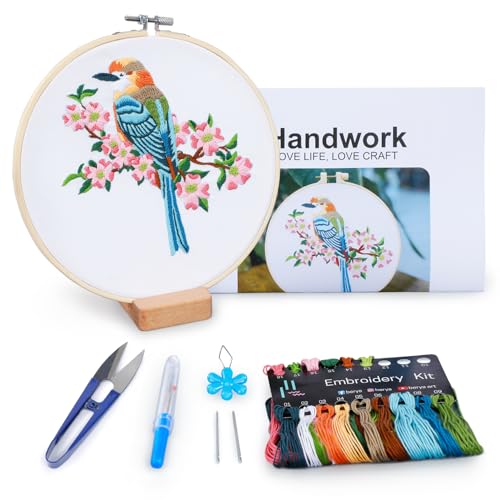 Image of Hummingbird and Flower Embroidery Kit for Adults, DIY Embroidery Kits with Original Design Patterns, Learn to Embroider Kit Beginner with Needles and Thread, Clear Instructions and Video (BEB001)
