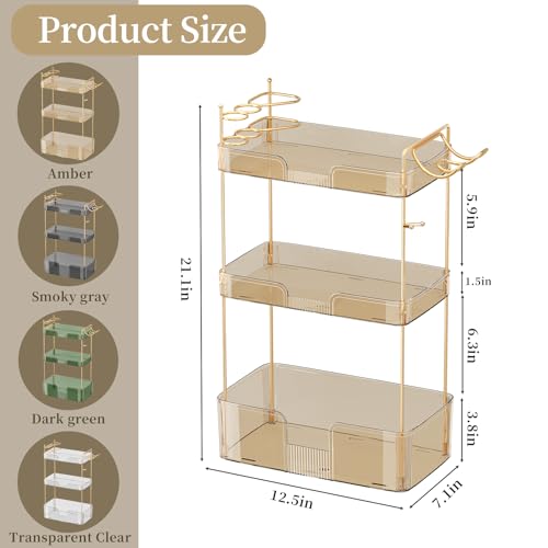 Bathroom Counter Organizer with Hair Dryer Holder, Hair Tool Countertop Storage, Cosmetics Skincare Shelf Organizer, Makeup Organizer Perfume for Dresser Vanity Tray(3 Tier-Gold) - Image 4