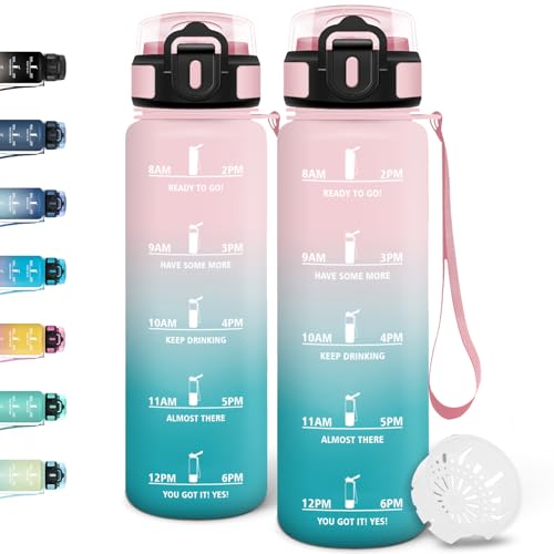 Motswedi Botella agua 1 litro, con Marcador de Tiempo, Botella agua Gimnasio, a Prueba de Fugas, Cantimplora, Cantimplora 1l, para Gym, Deportes, Oficina, Rosa Verde