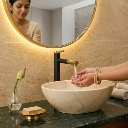 Image of Ceramic Tabletop Wash Basin - Glossy Bowl Shape Countertop Vessel Sink with Marble Finish for Bathroom & Vanity | Compact 16 x 13 x 5 Inch | Elegant Washbasin