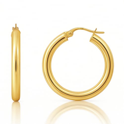 14k Gold Hoop Earrings for Women | Hypoallergenic 20MM, 25MM and 30MM Tube Hoop Earrings with Secure Click Tops |14k Yellow Gold or White Gold Classic Hoop Earrings in 3MM Thick Tube by MAX + STONE