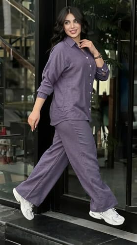 Image of Women's Solid Color Two-Piece Set | Long Sleeve Top & Wide Leg Pants Co-ord Set | Casual Wear Co ord Set