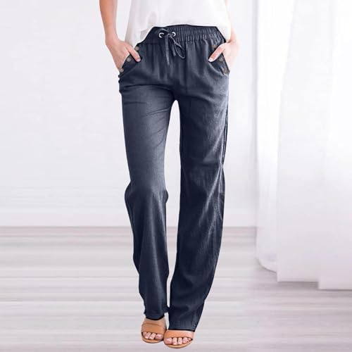 Linen Pants for Women 2025 Fall Trendy Drawstring Elastic Waist Straight Leg Pant Casual Loose Lightweight Trouser2