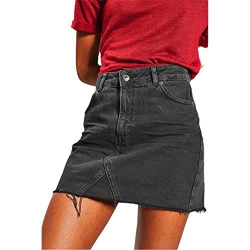 Mini jupe en jean pour femme taille haute décontractée noire avec poches et boutons 48