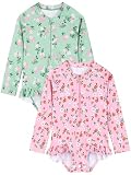 AlisOker 2 Pack Baby Toddler Girl Long Sleeve Ruffle Swimsuit Floral One-Piece Zipper Rash Guard UPF 50+Sun Protection