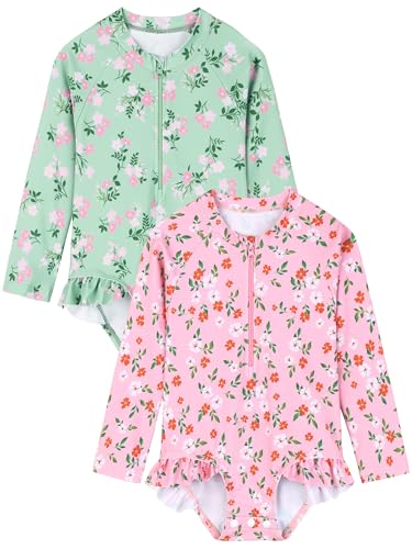 AlisOker 2 Pack Baby Toddler Girl Long Sleeve Ruffle Swimsuit Floral One-Piece Zipper Rash Guard UPF 50+Sun Protection