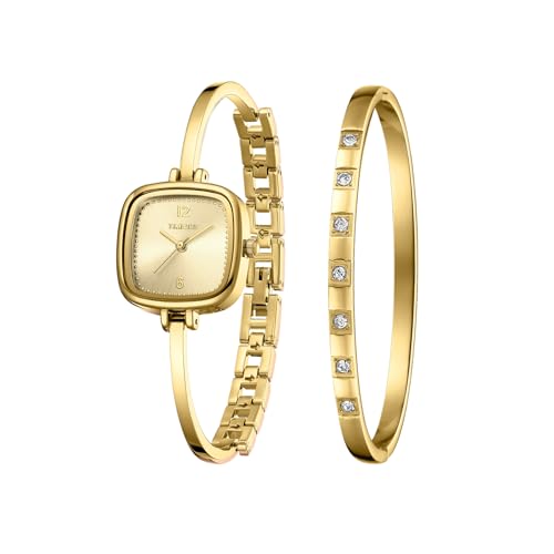 TIME100 Juego de Reloj y Pulsera para Mujer, Reloj de Pulsera Cuadrado de Cuarzo con Cristales, Diseño Delgado y Ligero, Set Elegante para Uso Diario y Regalo, Dorado/Plateado/Oro Rosa