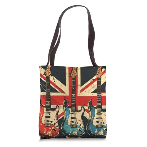 Vintage Guitar Jack Union Flag Shirts & Gifts - Vintage Guitar British Jack Union Flag Rock Guitarist Tote Bag