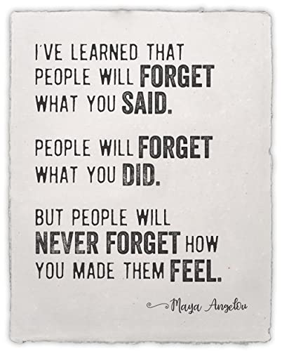 Maya Angelou - People Will Never Forget How You Made Them Feel - Handmade Paper - Inspirational Print for Home and Office Decor, Kindness Quote Wall Print, 12.5x15 Unframed Book Page Art Print Poster