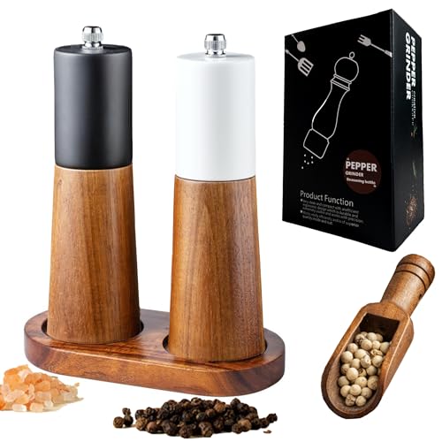 GCFTIFF salz und pfeffermühle holz mit Untersetzer und Löffel,Gewürzmühlen Set aus massivem Holz und keramischem Stahlkern, Küchenhelfer Set,einweihungsgeschenk wohnung(2 Stück weiß+schwarz, 6 Zoll)