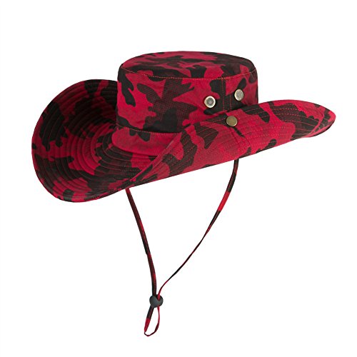 Fishing Bucket Sun Boonie Hat Wide Brimmed Outdoor Summer Uv Protection Cap With Side Snap Chin Cord (Red Camo) #TOP1