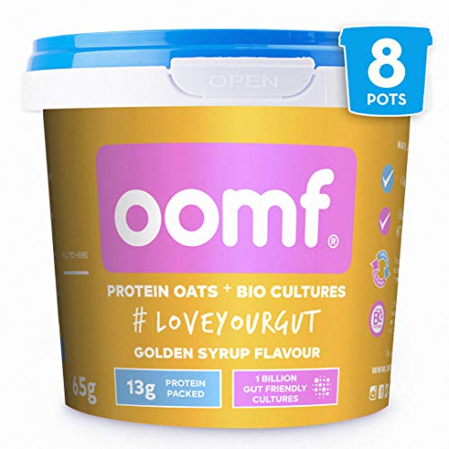 Oomf Probiotic Porridge Pots, Golden Syrup Flavour | High Protein, On The Go Oats with 1 Billion Live Probiotic Cultures in Every Pot | Pack of 8 x 65g Pots
