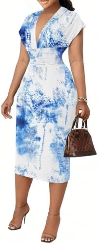 Women's Bodycon Midi Dress Deep V-Neck Cap Sleeve Ruched High Waist Stretchy Dresses for Date Nights, Parties & Work, 05-floral, S