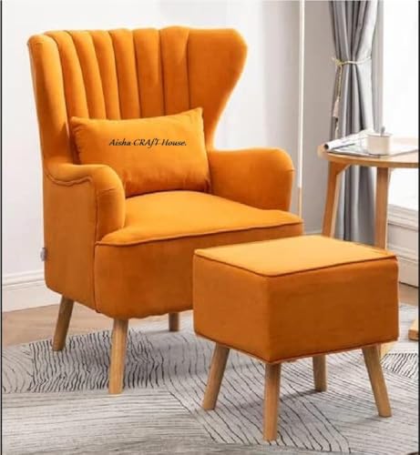 Image of Aisha CRAfT House Solid Wood Wing Chair for Living Room, Arm with Ottoman /Footrest for Bedroom, Velvet Accent Chair with Pouffes, High Back Occasional Tub Chairs with Foot Stool (Orange)