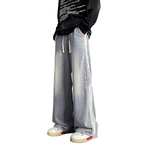 Baggy Jeans Men Vintage Striped Y2k Denim Pants Washed Wide Leg Streetwear for Skater Jeans with Elastic Drawstring