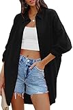 FSHAOES Womens Oversized Button Down Shirts Casual Loose Long Sleeve Solid Lapel Long Blouses Tops with Pockets
