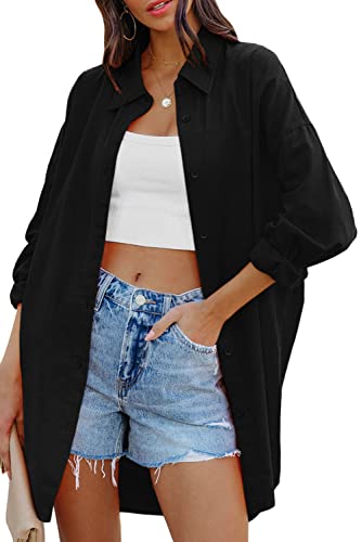 Image of FSHAOES Womens Oversized Button Down Shirts Casual Loose Long Sleeve Solid Lapel Long Blouses Tops with Pockets