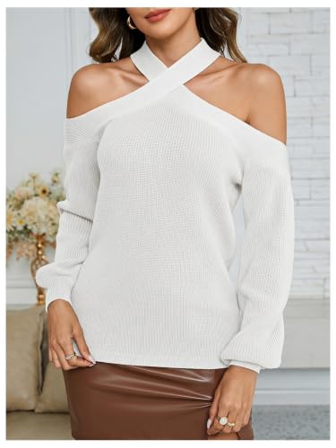 Image of MakeMeChic Women's Off The Shoulder Sweater Halter Criss Cross Pullover | Cozy, Knitted, Sweaters Tops, Long Sleeve, Fall Outfits, Winter Sweaters, Party, Knit Tops