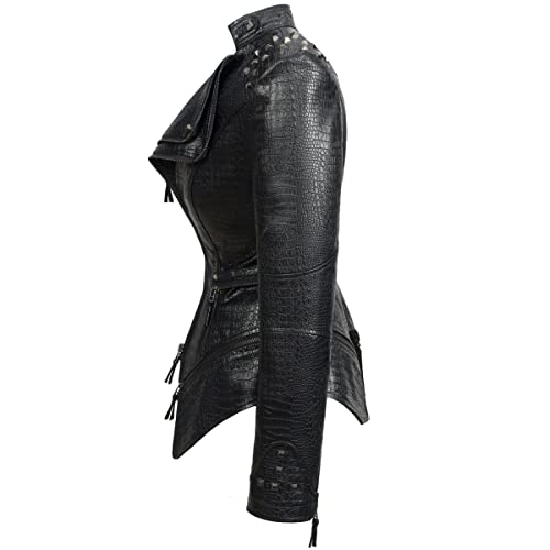 Fashion SX Women's Punk Studded Faux-alligator Print Pattern PU Leather Jackets Zipper Moto Biker Coat2