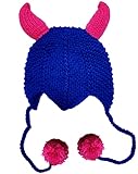 BIBITIME Funny Handmade Knitted Horn Beanie Hanging Pom Ball Earmuff Hat Cap (One Size for Adult, Blue)